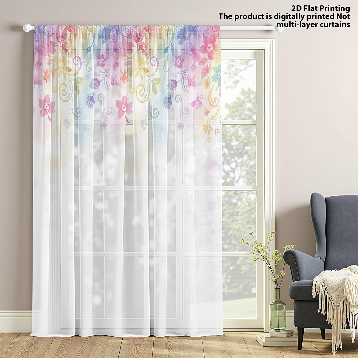 Home Office Rate - Rainbow Floral Gradient Print Sheer Curtain,
