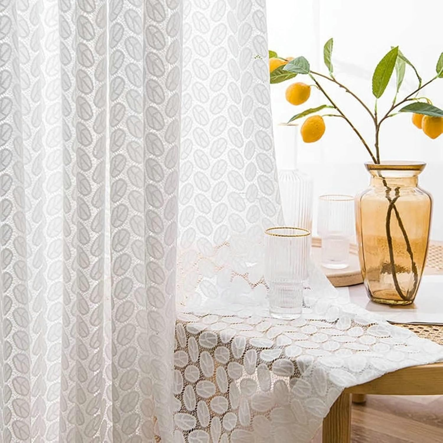 Home Office Rate - 2PCS white leaf lace curtain, suitable