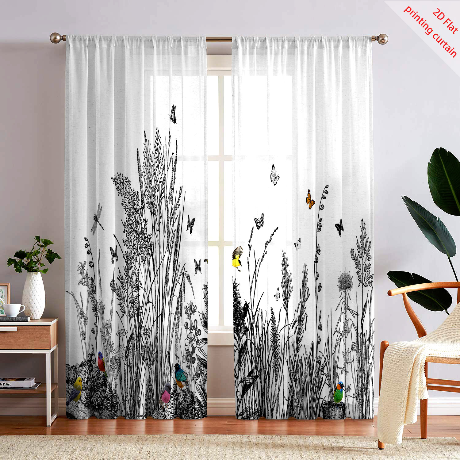 Home Office Windows - Plant printed transparent screen curtain, home