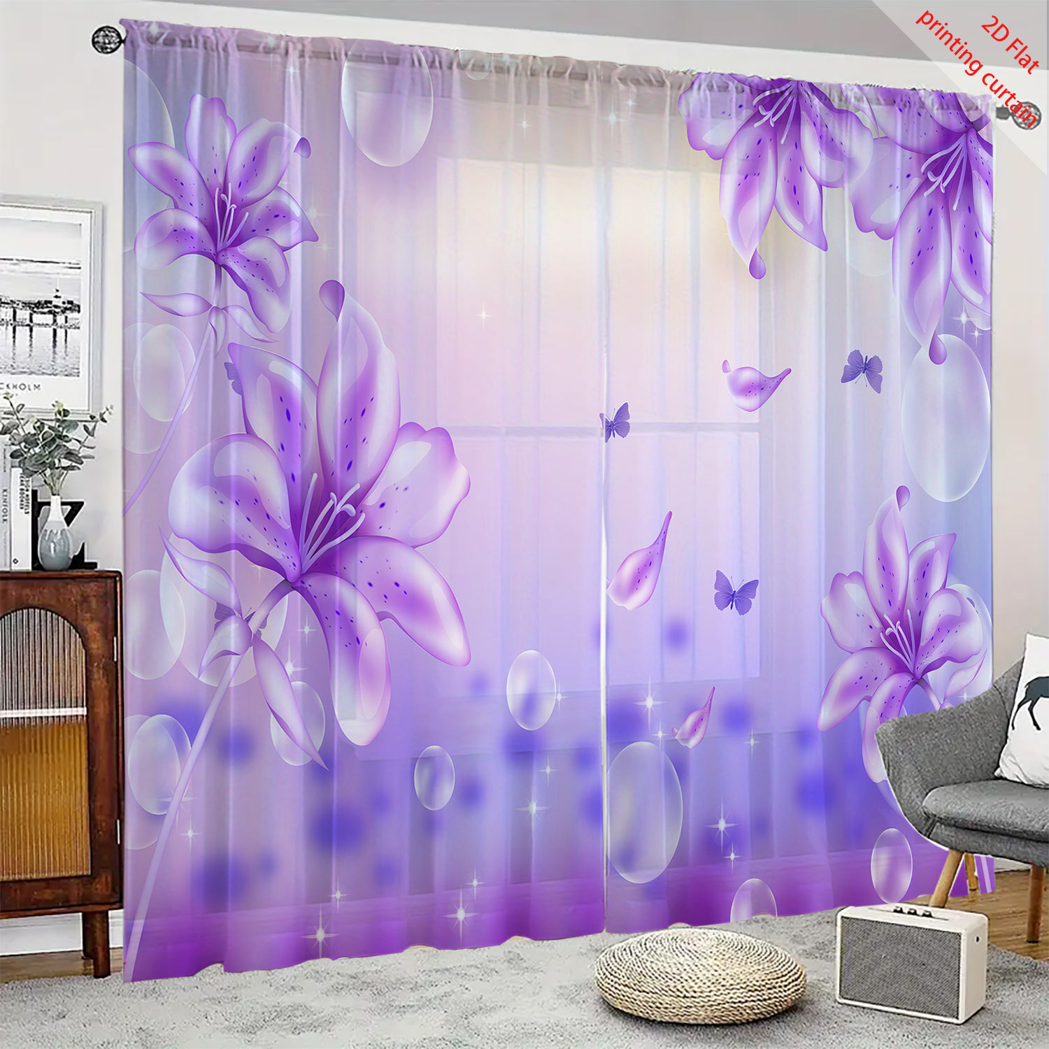 Purple flower printed transpar - Home Office Windows avis et prix